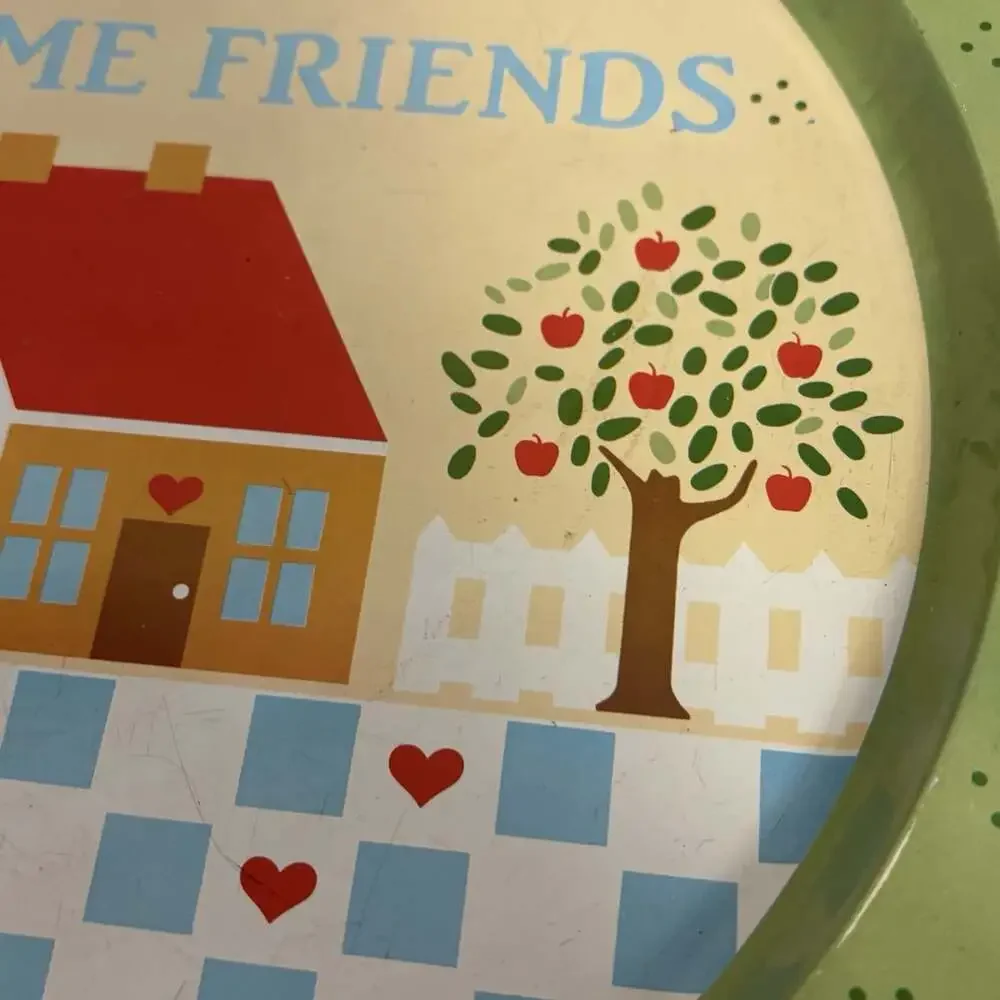 Vintage Welcome Friends Country Hearts 13” Round Metal Tray Cottage Core Decor